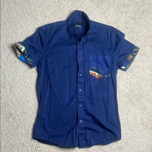 Navy Blue Casual Button Down Shirt with Vibrant Sleeve Details